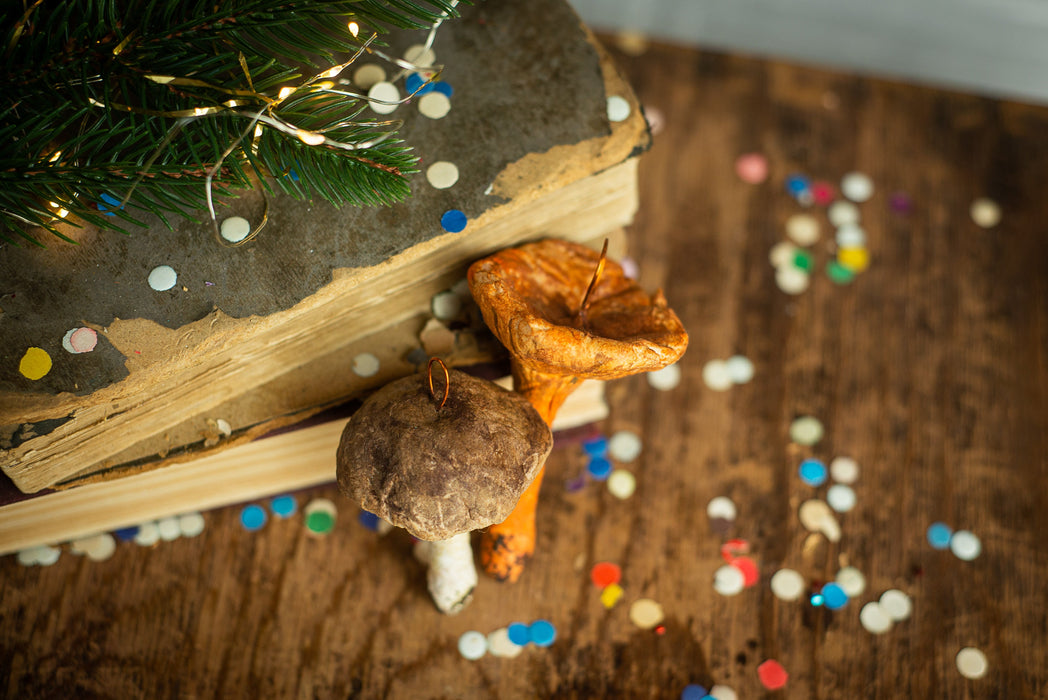 Mushroom spun cotton ornaments, Chanterelle mushroom, Xmas tree accents