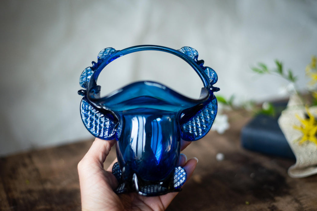 Cobalt Blue Glass Basket, Vintage Murano-Style Candy Dish