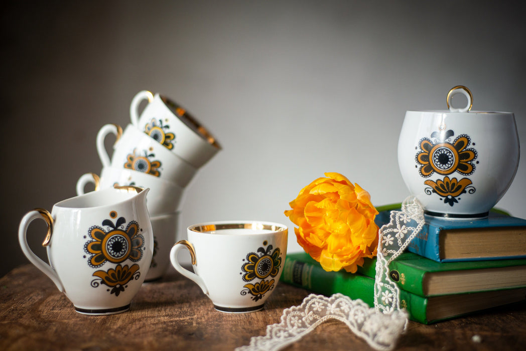 Vintage Ceramic Tea Set with Gold Trim, Boho Floral Cups Sugar Bowl and Jug