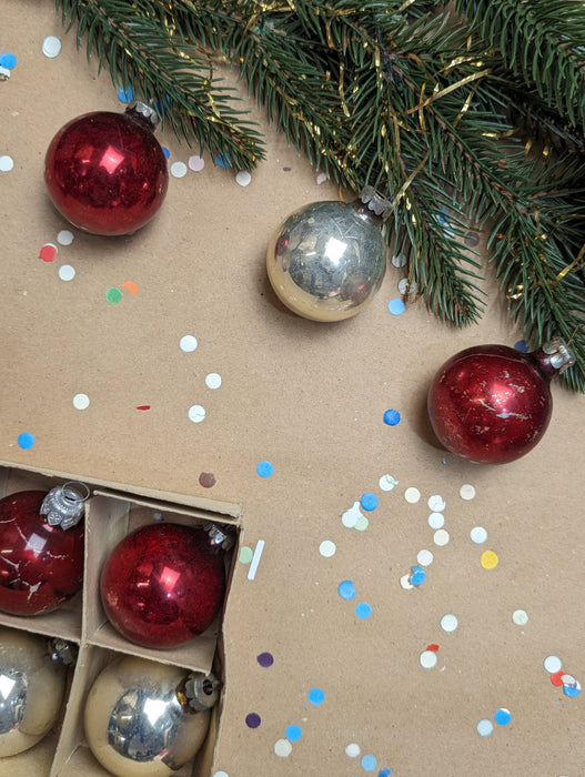 Set of 12 Vintage glass Christmas ornaments in the box, red and silver Xmas balls, Xmas tree hanging baubles