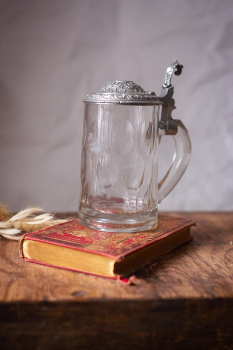 Vintage Glass Beer Stein with Pewter Lid German Barware Tankard