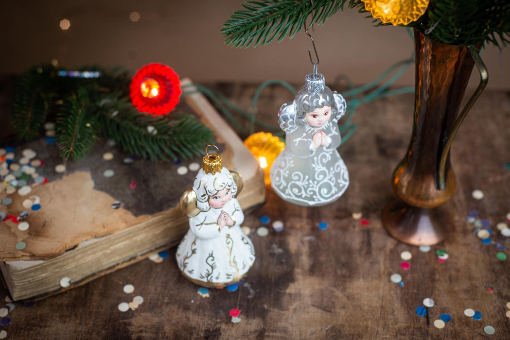 Vintage Glass Angel Ornament, White Christmas Tree