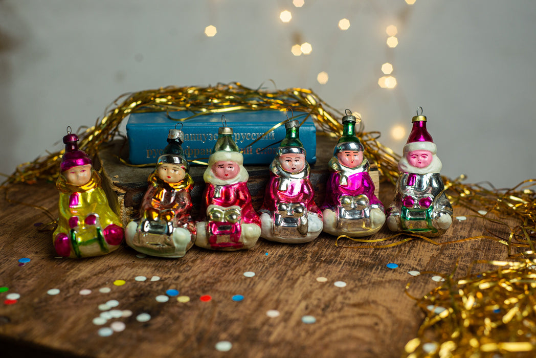 Vintage Glass Sledding Boy Ornament, Soviet 1960s