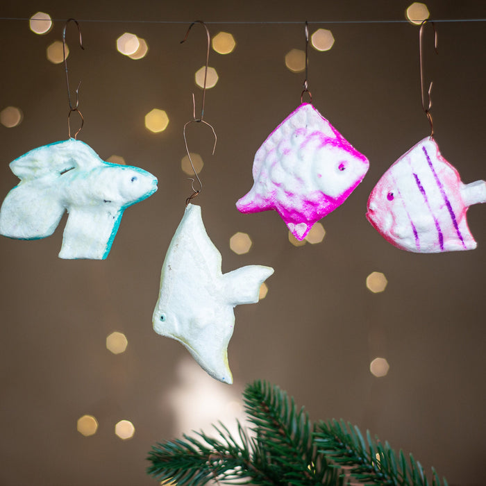 Vintage Fish Christmas Ornaments, Styrofoam Xmas Tree