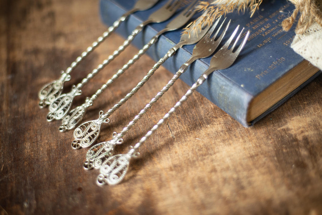 Vintage 1950s German Dessert Fork Set, Silver Tone Filigree Snack Cutlery