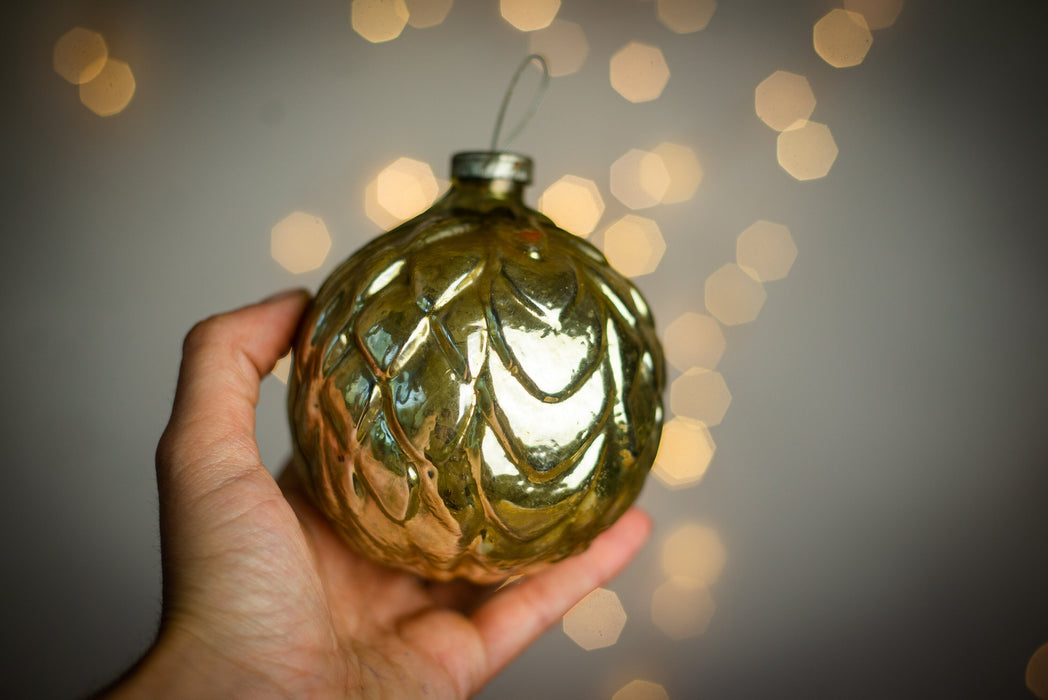 Vintage Artichoke Glass Ornament, Large Gold 1970s USSR