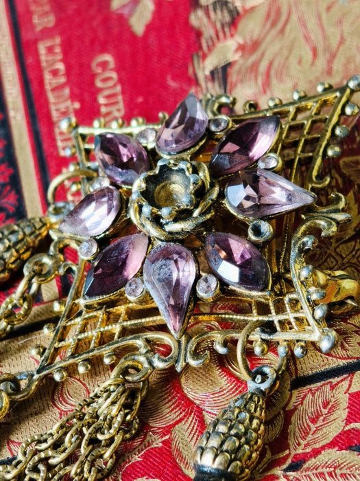 Vintage Purple Crystal Brooch, Ornate Brass Statement Pin Art Deco Style