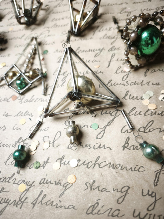 Vintage Glass Christmas Ornaments, Silver Green Montage Set, 7 Pc