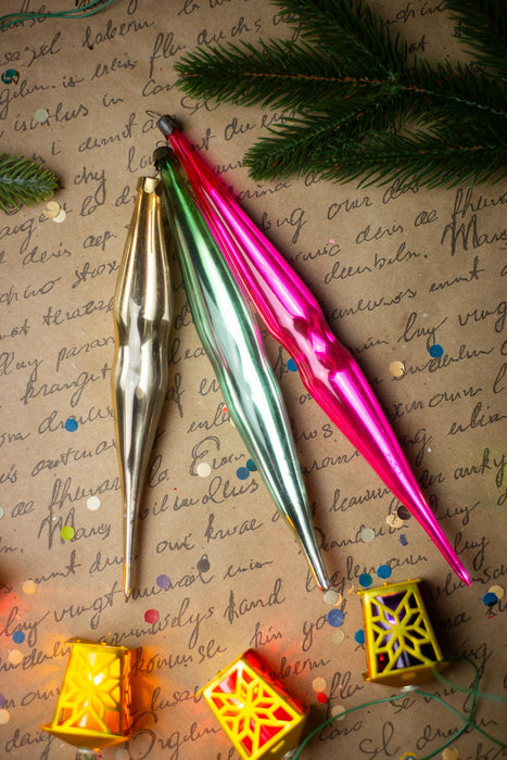Long Glass Icicle Christmas Ornaments, Vintage Set of 3