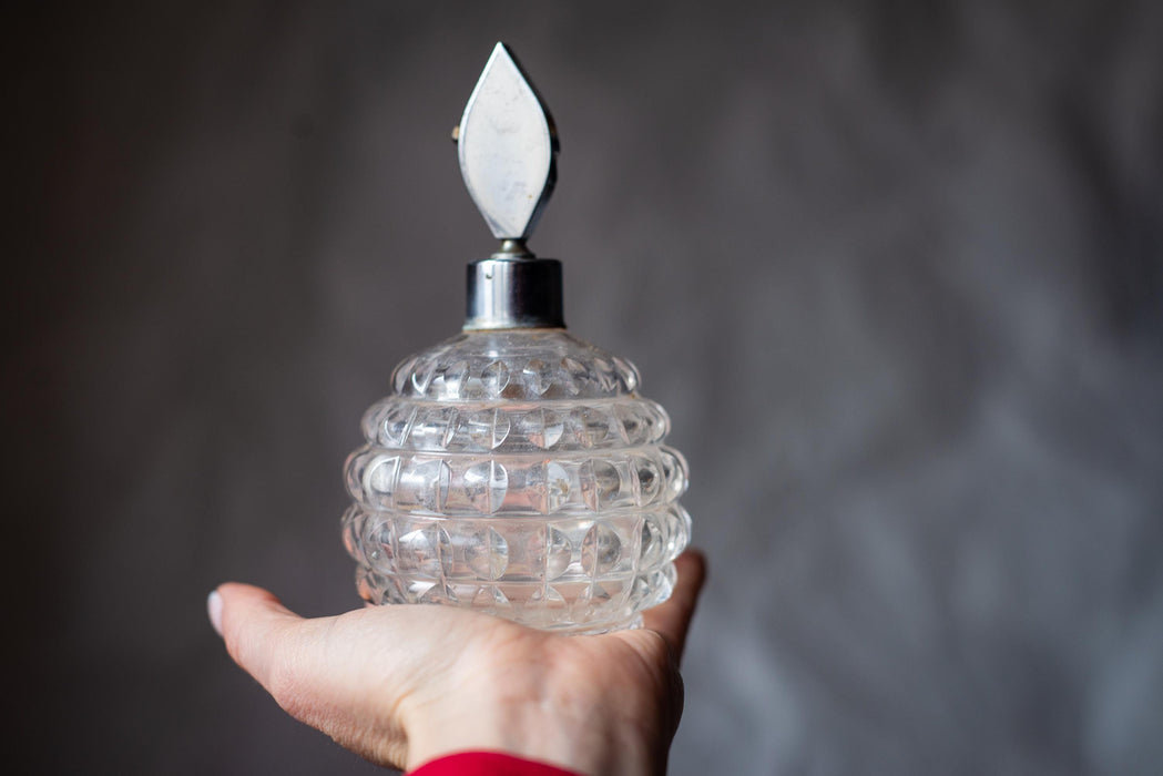 Vintage Glass Perfume Bottle, Textured Vanity Scent Decanter with Metal Stopper