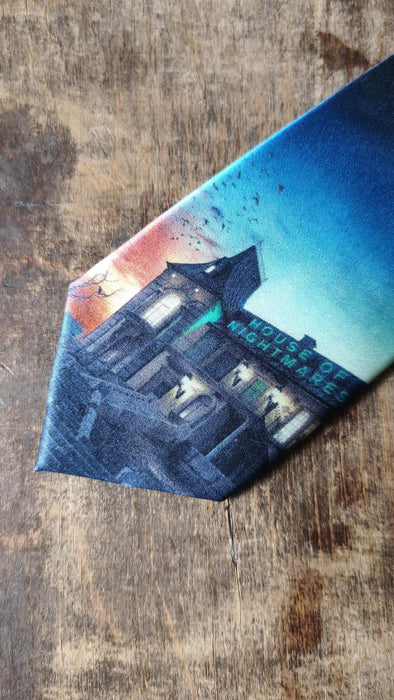 Vintage House of Nightmares Necktie Goth Halloween Tie Haunted House Graphic Novelty Ti