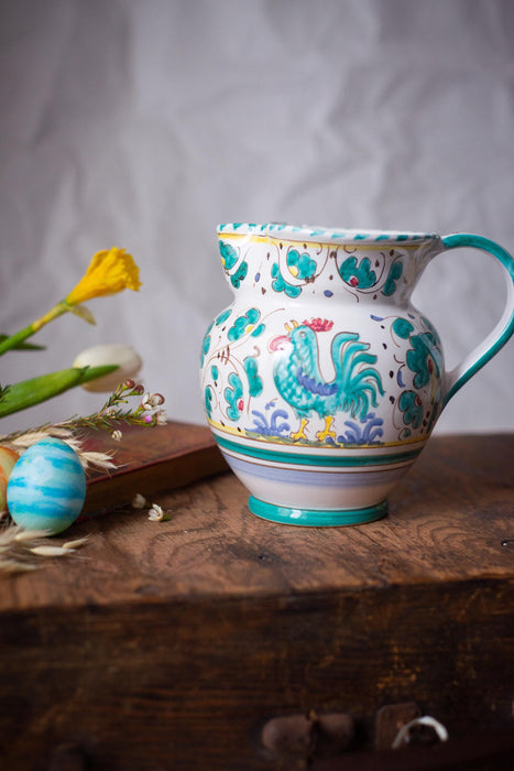 Italian Deruta Rooster Pitcher – Hand Painted Ceramic Vase
