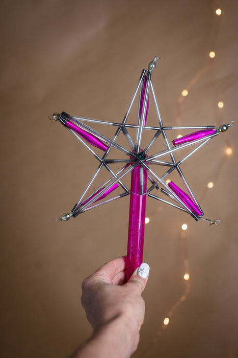 Vintage Christmas tree topper, Silver pink glass bugle star, Beaded Xmas tree ornaments