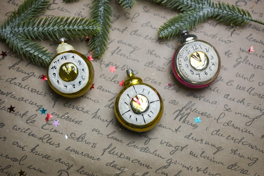 Vintage Clock Christmas Ornament, Mid Century Glass Tree