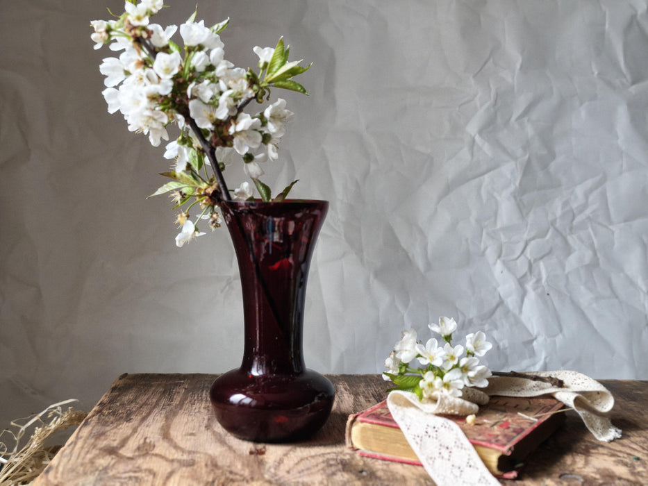 Wine Red Glass Vase Mid Century, Retro Bud Vase Aesthetic Decor