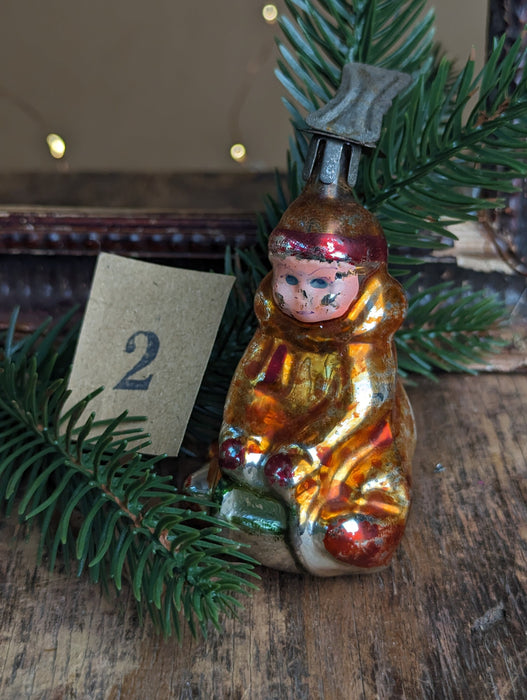 Vintage Glass Sledding Boy Ornament, Soviet 1960s