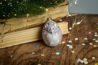 Vintage Hedgehog Glass Ornament, Retro Woodland Christmas