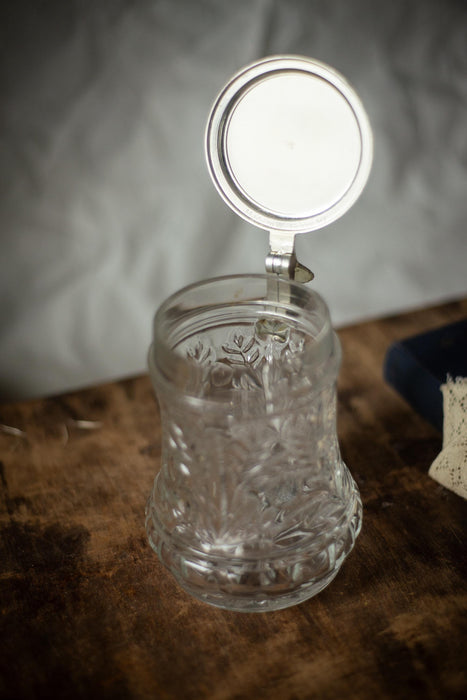 Vintage Glass Beer Mug with Game Lid, German Stein Tankard Barware