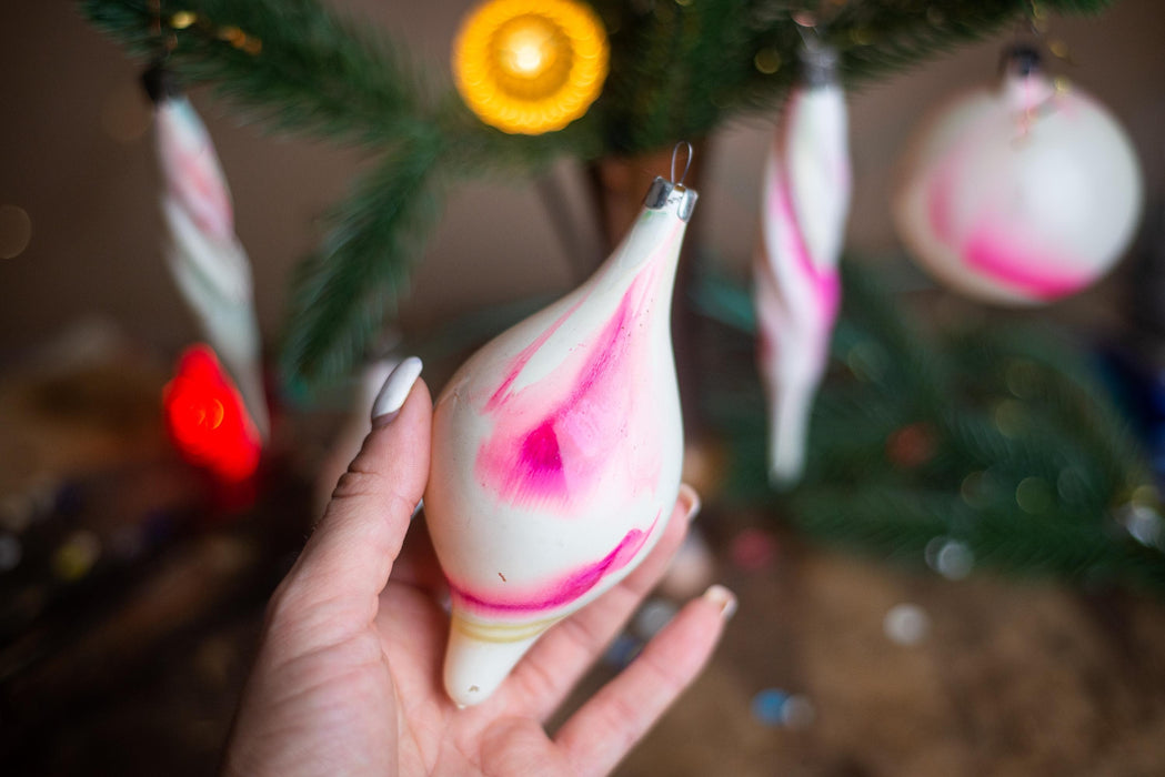Vintage Pink and White Glass Christmas Ornaments, Set of 5 Bohemian Icicle Baubles