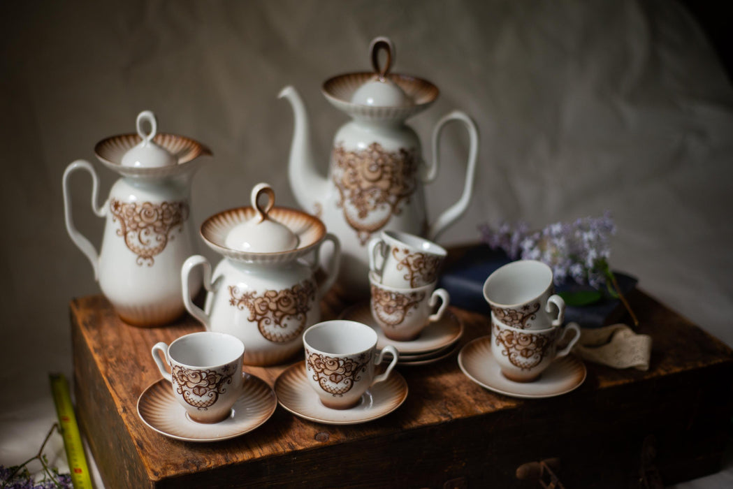 Vintage Porcelain Coffee Set, 1980s, Brown Baroque Pattern Tea Set, Full Coffee Service for 6