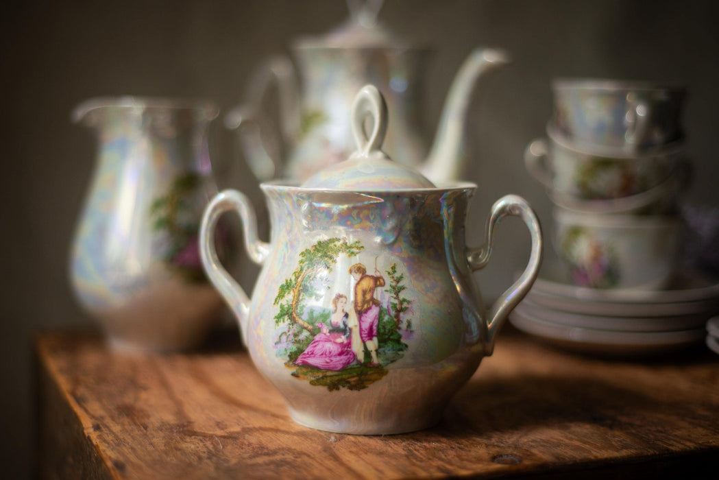 Vintage Madonna Tea Set Lusterware 15 Pieces, German, Art Deco Porcelain Tea Set, Romantic Scene