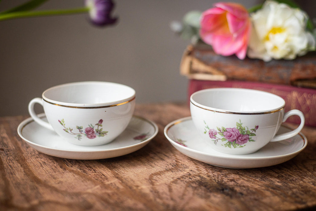 Vintage White Porcelain Cup and Saucer with Pink Floral Pattern, 1970s