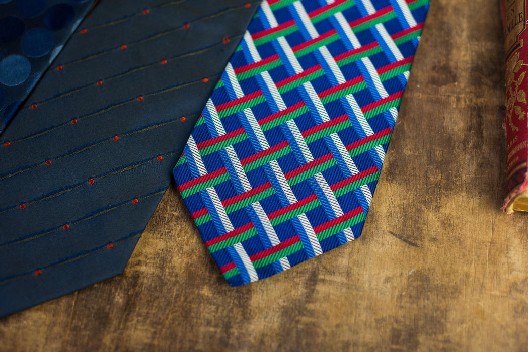 Vintage Designer Silk Neckties, Geometric Blue Red Tie Collection, Wedding Necktie