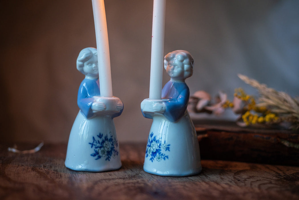 Porcelain vintage angels candle holders, pair candleholders, Christmas eve table serving