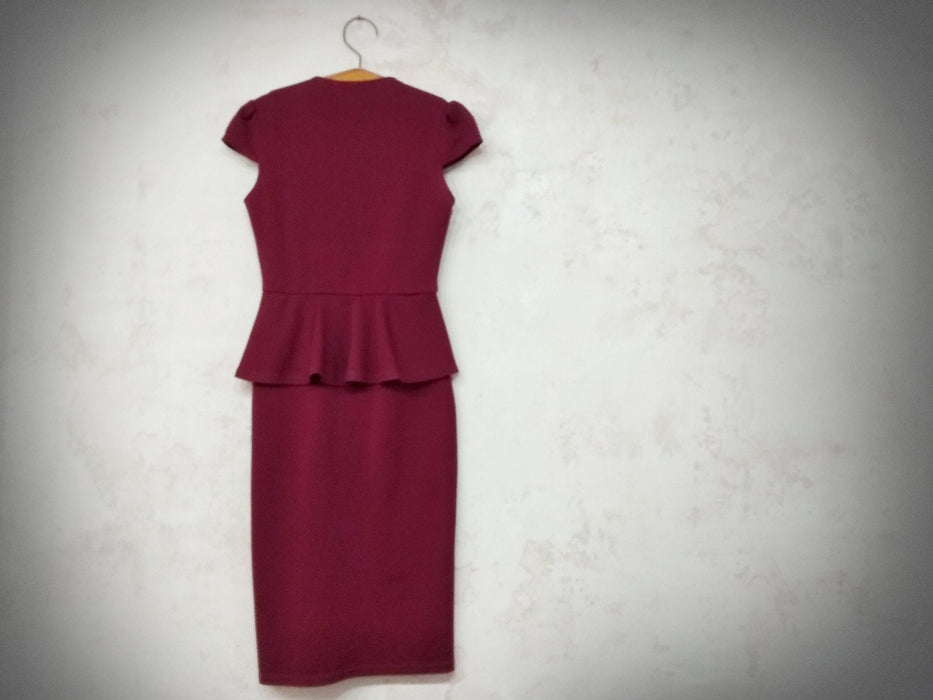 Vintage Peplum Dress - Burgundy Midi Knee Length Sheath With Deep V-Neck