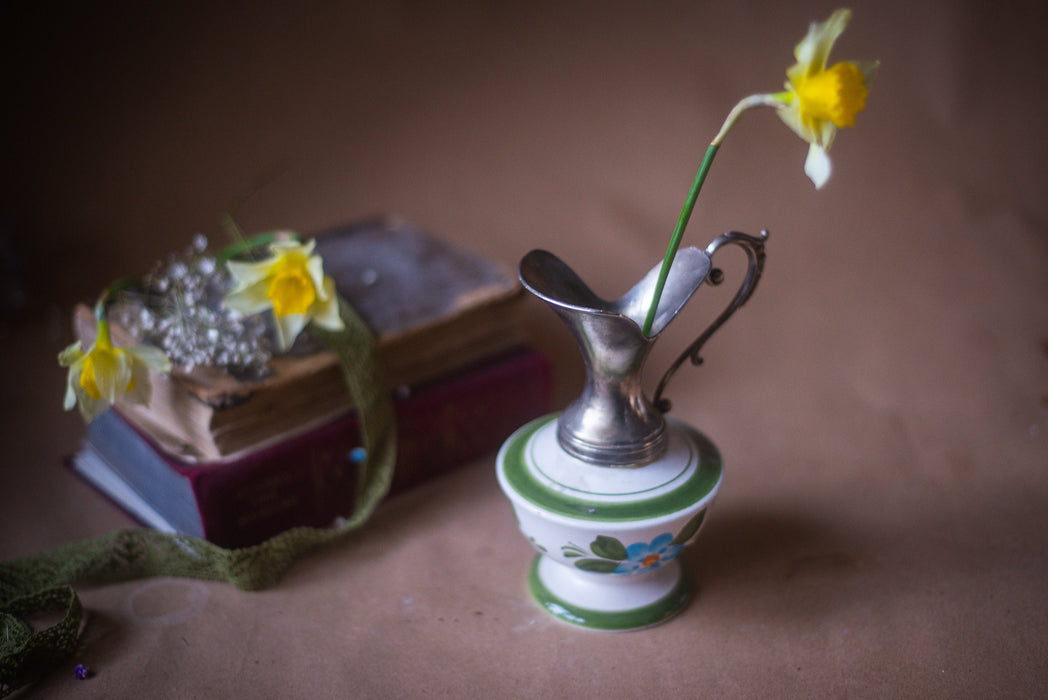 Ceramic jug with metal top, hand-painted clay carafe, 1970s German pitcher, blue flower ornament, mother's day gift