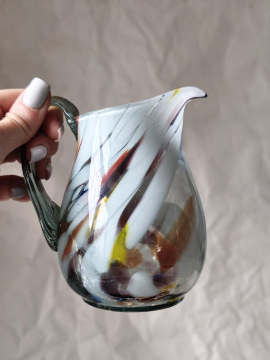 Murano Style Glass Pitcher, Hand-Blown 1970s Colorful Jug Vase In