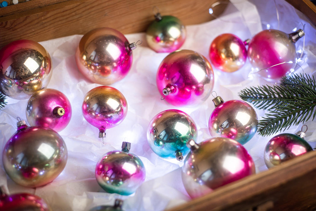Rainbow Vintage Glass Christmas Ornaments – 1970s Boho Xmas Set (3–12 pcs)