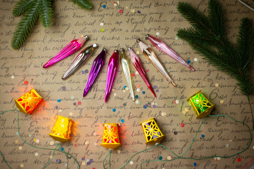Vintage 1950s Glass Icicle Ornaments – Pink, Silver & Gold
