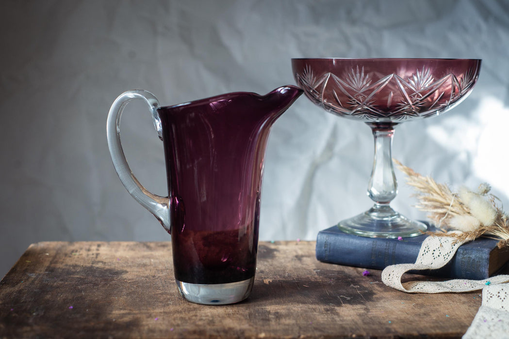 Vintage Amethyst Glass Pitcher & Czech Crystal Fruit Bowl, Mid Century Retro Tableware, 70s Purple Glass