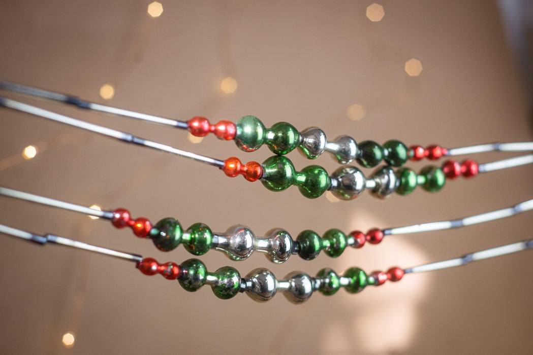 Vintage Glass Bead Christmas Garland, Green Silver Red Bugle Beads, 1970s