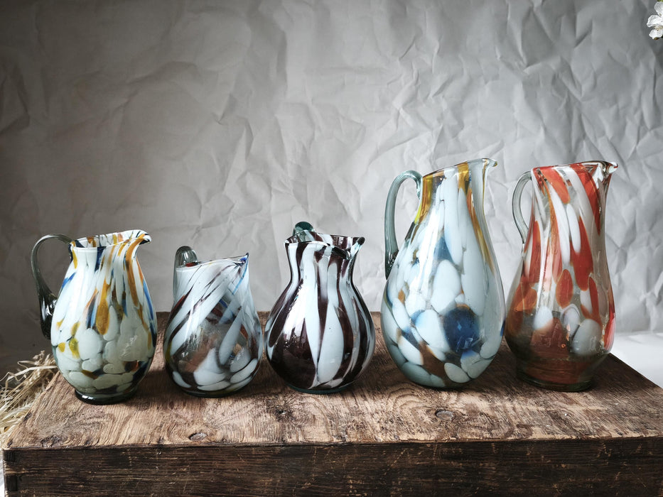 Murano Style Glass Pitcher, Hand-Blown 1970s Colorful Jug Vase In