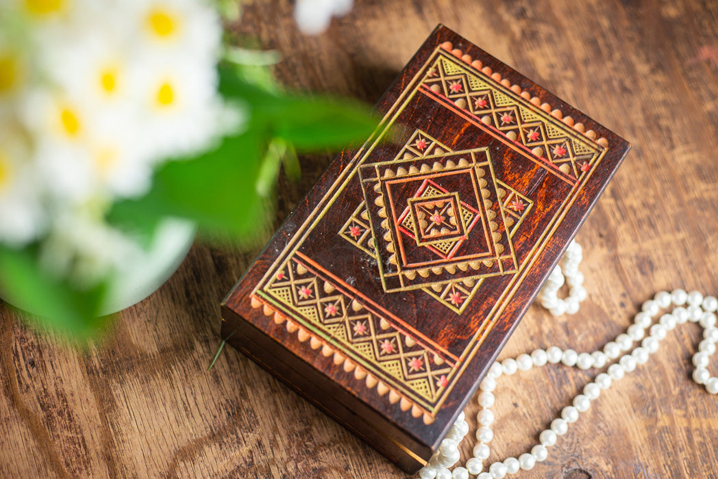 vintage wooden trinket box, Folk Mosaic Inlay Wooden Pair