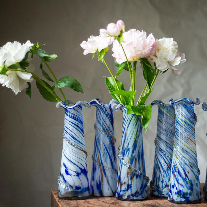 Murano Glass Vase, vintage Blue White Cobalt Swirl Mid Century, Boho flower vase
