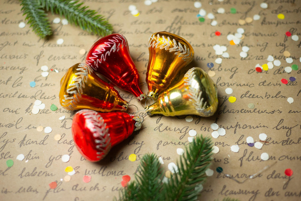 Vintage Red Yellow Glass Bells – Set of 5