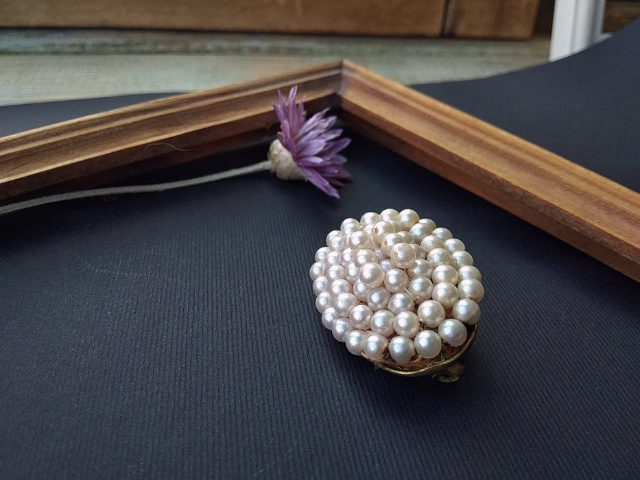 Vintage Oval Brooch with Faux Pearls, Classic 1970s Pin for Coat or Jacket