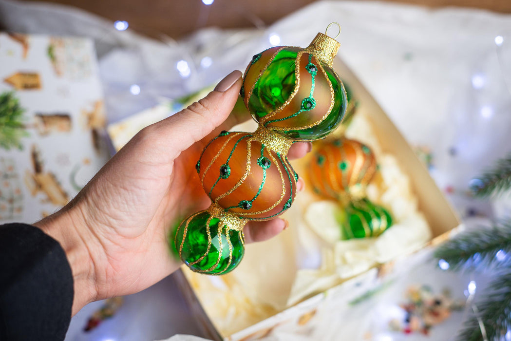 Set of 2 Christmas glass ornaments, hand-painted Xmas tree hanging decorations, Boho Xmas home decor, Christmas gift