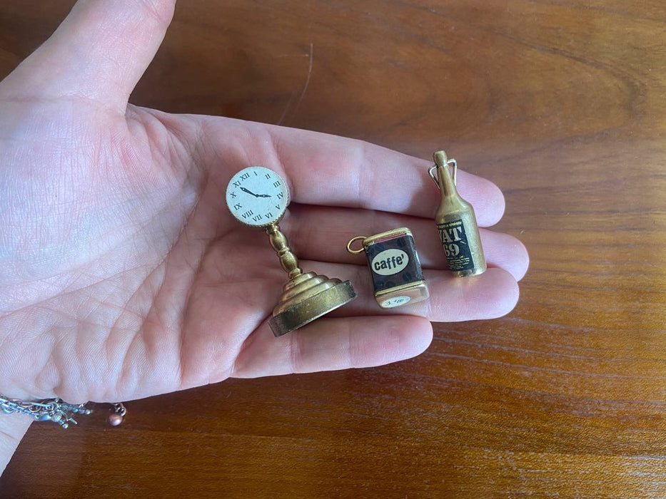 Vintage Brass Kitchen Miniature Set, Dollhouse Clock Coffee Tin and Bottle