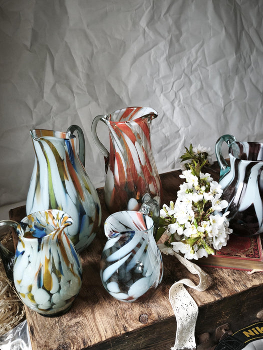 Murano Style Glass Pitcher, Hand-Blown 1970s Colorful Jug Vase In
