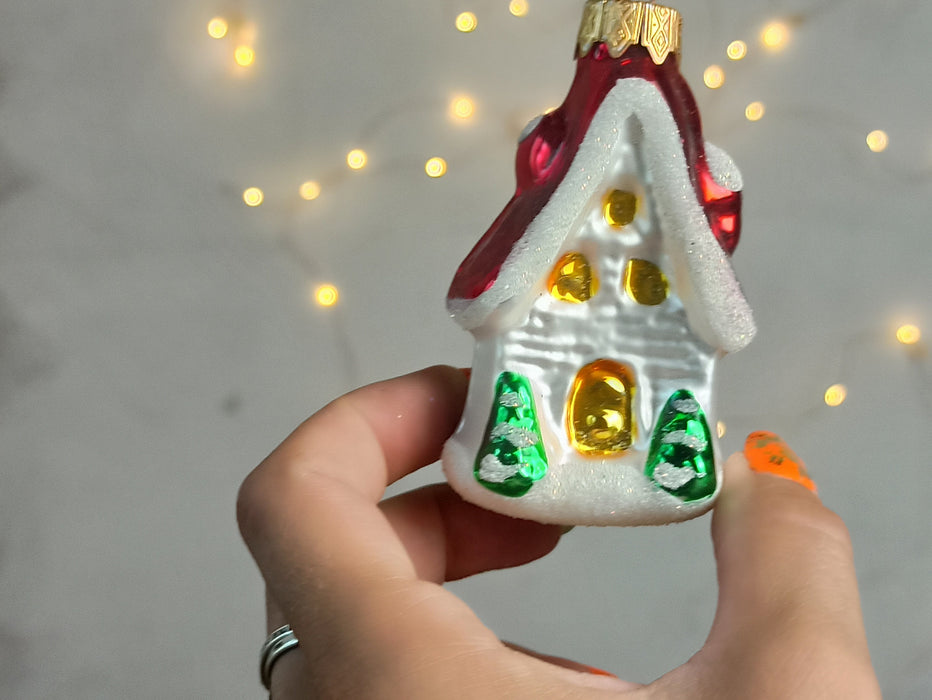 Glass Cottage Christmas Ornament, Hand Blown Holiday