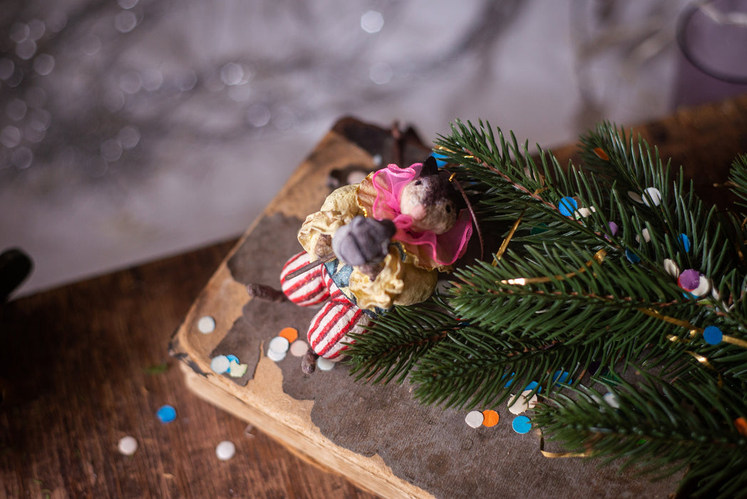 Spun cotton Christmas ornament,  Clown mouse figurine, vintage inspired
