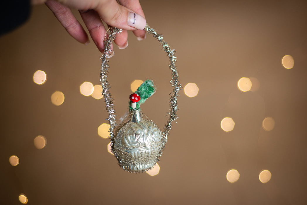 Antique German Chenille Christmas Ornaments, 1930s Mercury Glass Set of 7