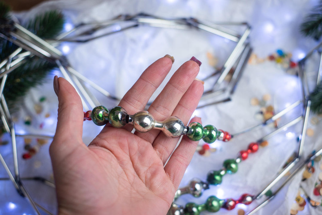 Vintage Glass Bead Christmas Garland, Green Silver Red Bugle Beads, 1970s