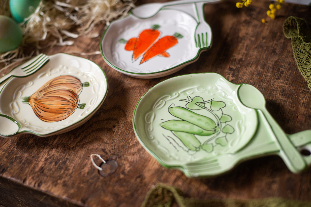 Small vintage ceramic appetizers plates, carrot, onion, cucumber pattern, Rustic tableware