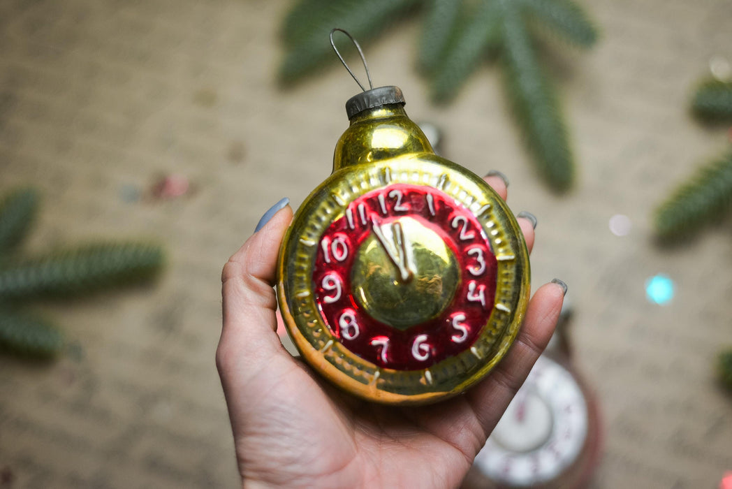 Vintage Clock Glass Christmas Ornament, Retro Holiday