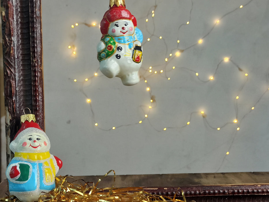 Hand-Blown Glass Snowmen Ornaments, Colorful Christmas